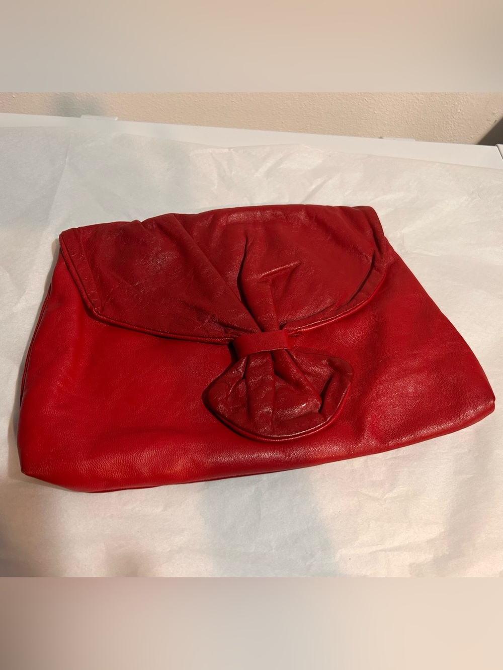 Vintage Jordan Marsh Red Leather Bow Clutch Made in Italy 1980s